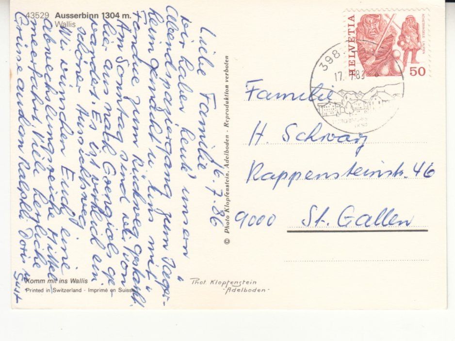 Cartoline postali: Ausserbinn 1986 – Usato da Bürglen TG venduto da StampGraf 1