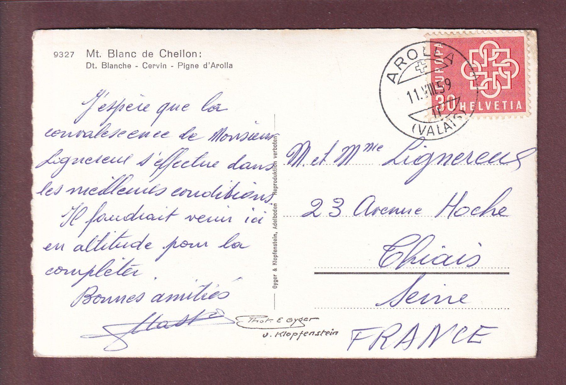 Ansichtskarten: Arolla - MONT BLANC DE CHEILON - 1959 – Gebraucht aus Pully von nicecards 1