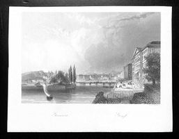 Stich Gravure GENÈVE Quai, Hotels - Ile Rousseau
