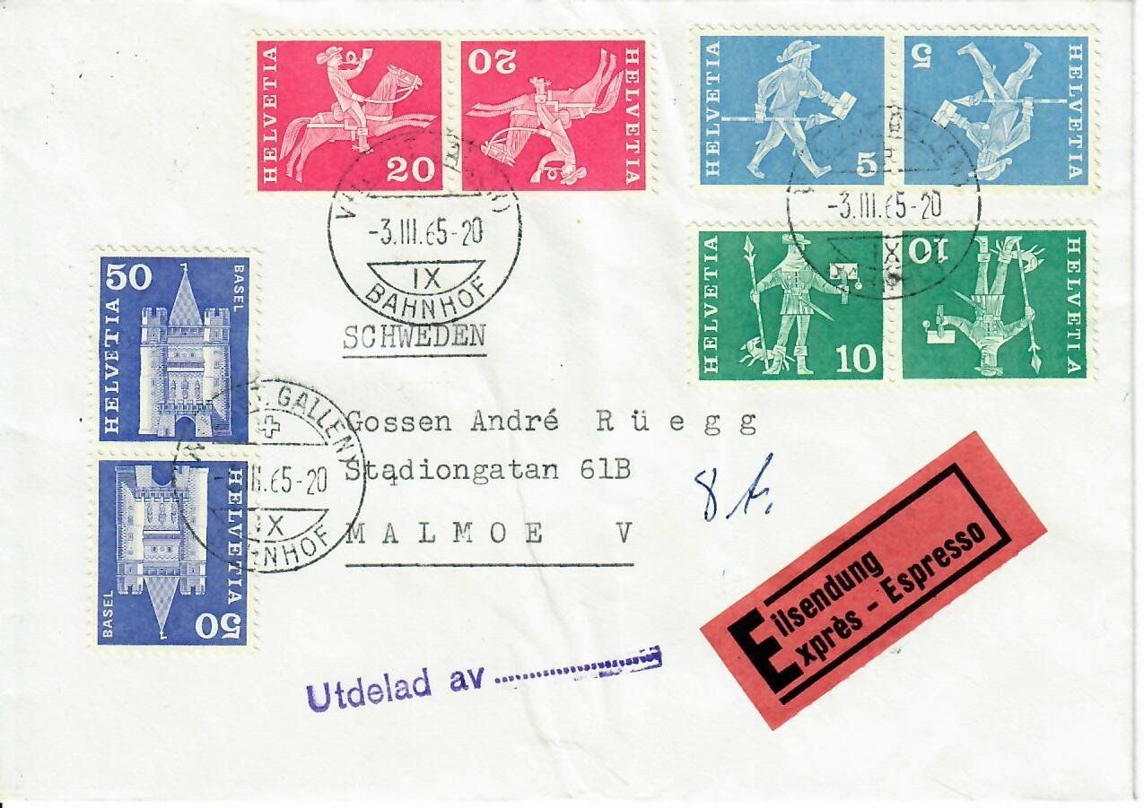 Alle Briefmarken: Brief, Wil St.Gallen Bahnhof nach Malmoe – Gebraucht aus Hochdorf von Ziegel-16