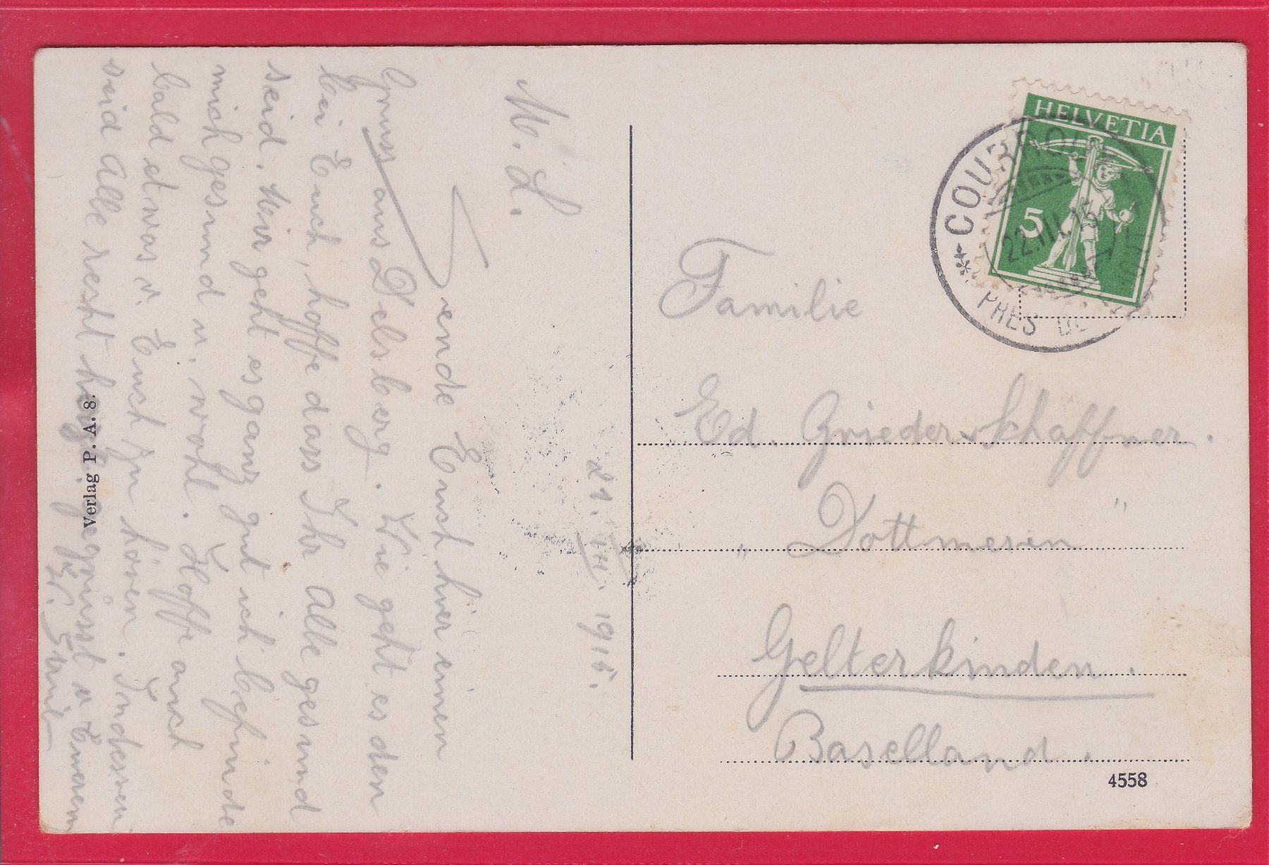 Ansichtskarten: DELÉMONT, VUE GÉNÉRALE - TOTALANSICHT, 22.3.1915 – Gebraucht aus Oberrieden von Gebirgsstelze 1