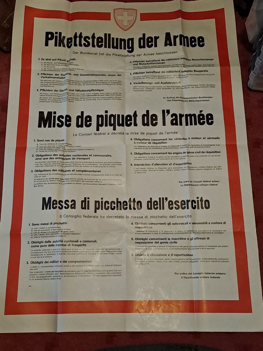 Schweizer Armee Uniformi: Original Plakat  " Pikettstellung der Armee " – Usato da St.Gallen venduto da Infanteriewerk