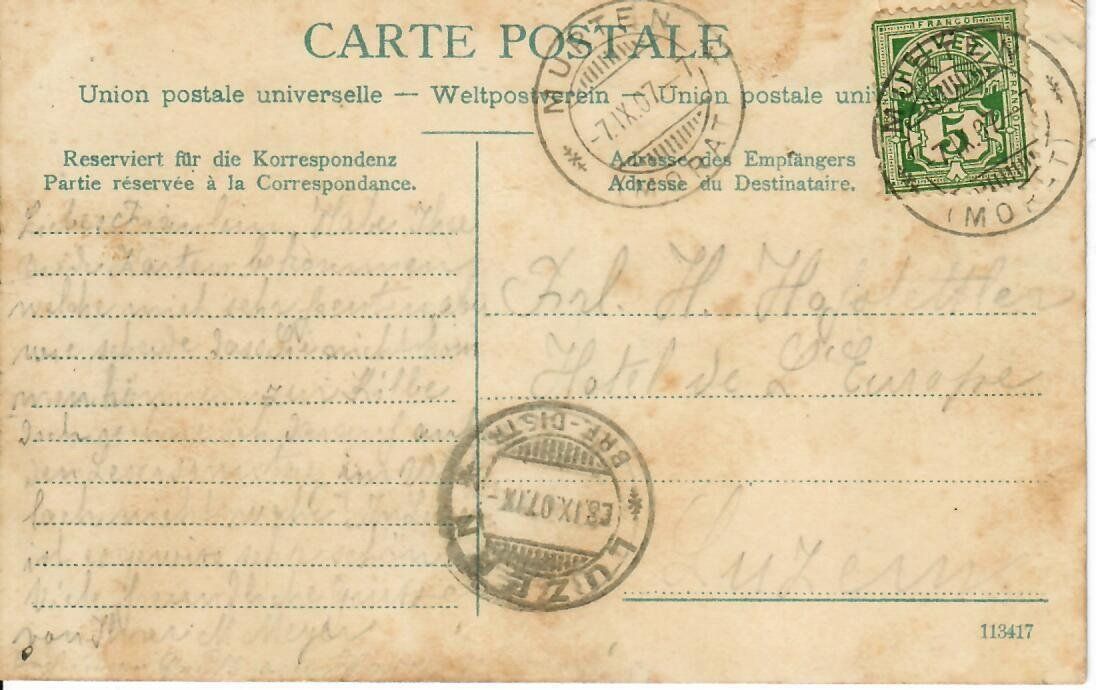 Ansichtskarten: Murten  1907 – Gebraucht aus Hochdorf von Ziegel-16 1