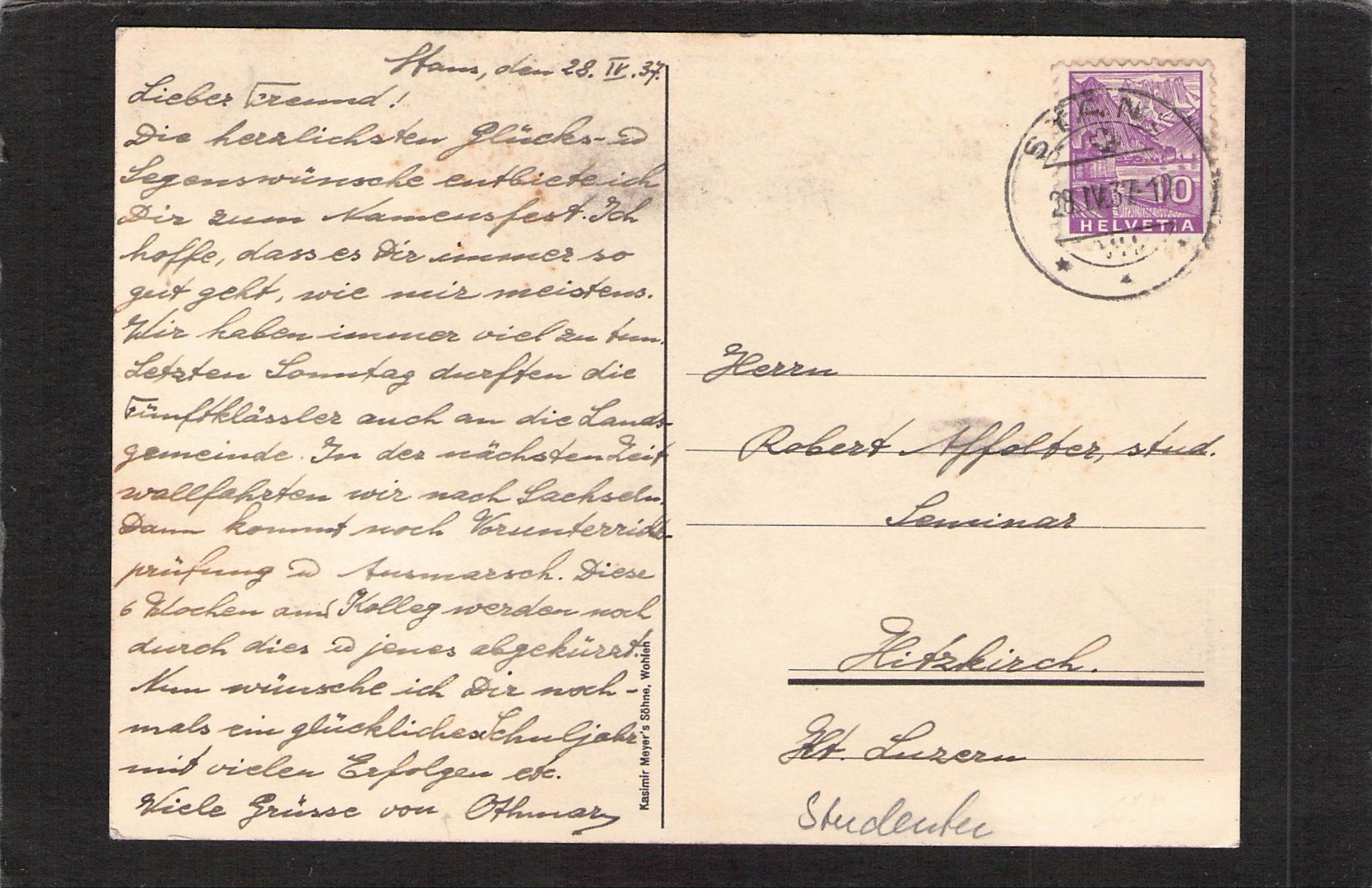 Cartoline postali: Studentenkarte : Stans 1937 – Usato da Reichenburg venduto da ibiza18 1