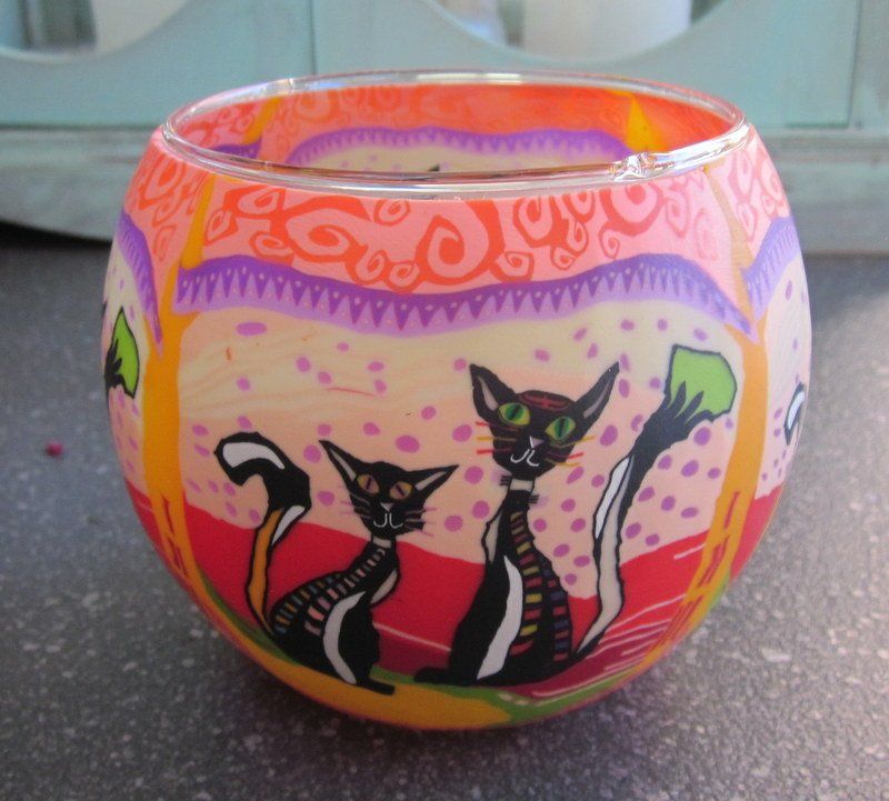 Portacandele: Windlicht, Teelichtglas mit Katzendecor – Usato da Bischofszell venduto da Pfau0 1