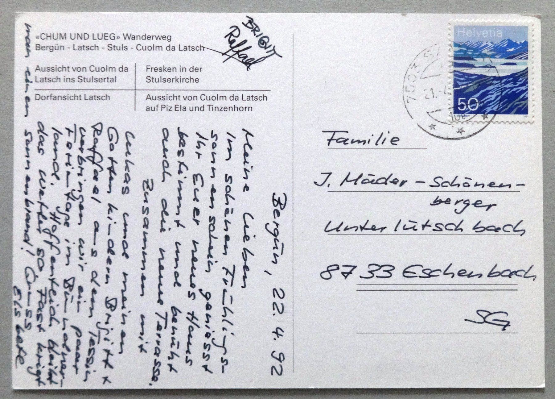 Cartoline postali: Chum und Lueg - Bergün – Usato da Fétigny venduto da Billy2miny 1