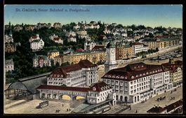 Künstler-AK St. Gallen, Neuer Bahnhof u. Postgebäudde