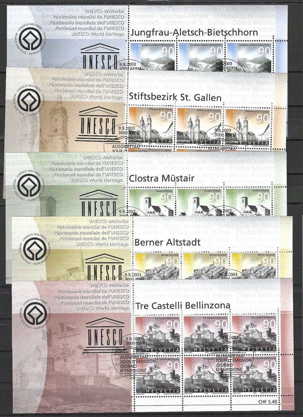 Tutti i francobolli: CH 5 Kleinbogen mit Ersttagsstempel – Nuovo e nell'imballaggio originale da Koblenz venduto da Markenhimmel