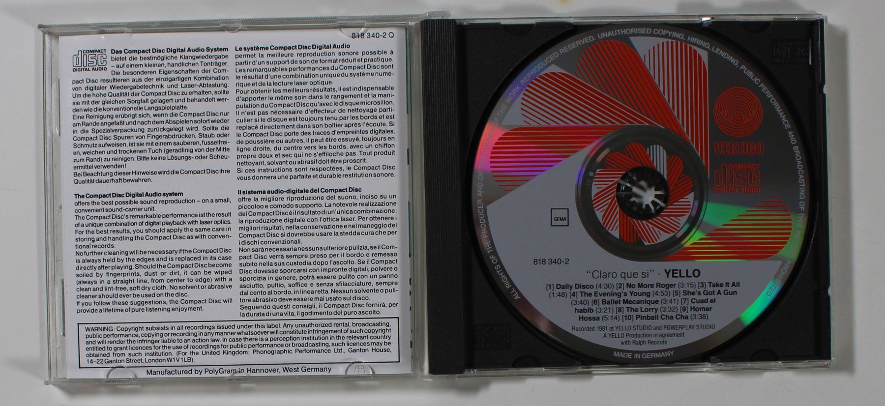 CD: CD - YELLO - CLARO QUE SI  - 1988 GERMANY – Usato da Brüttisellen venduto da Collector-Corner 1
