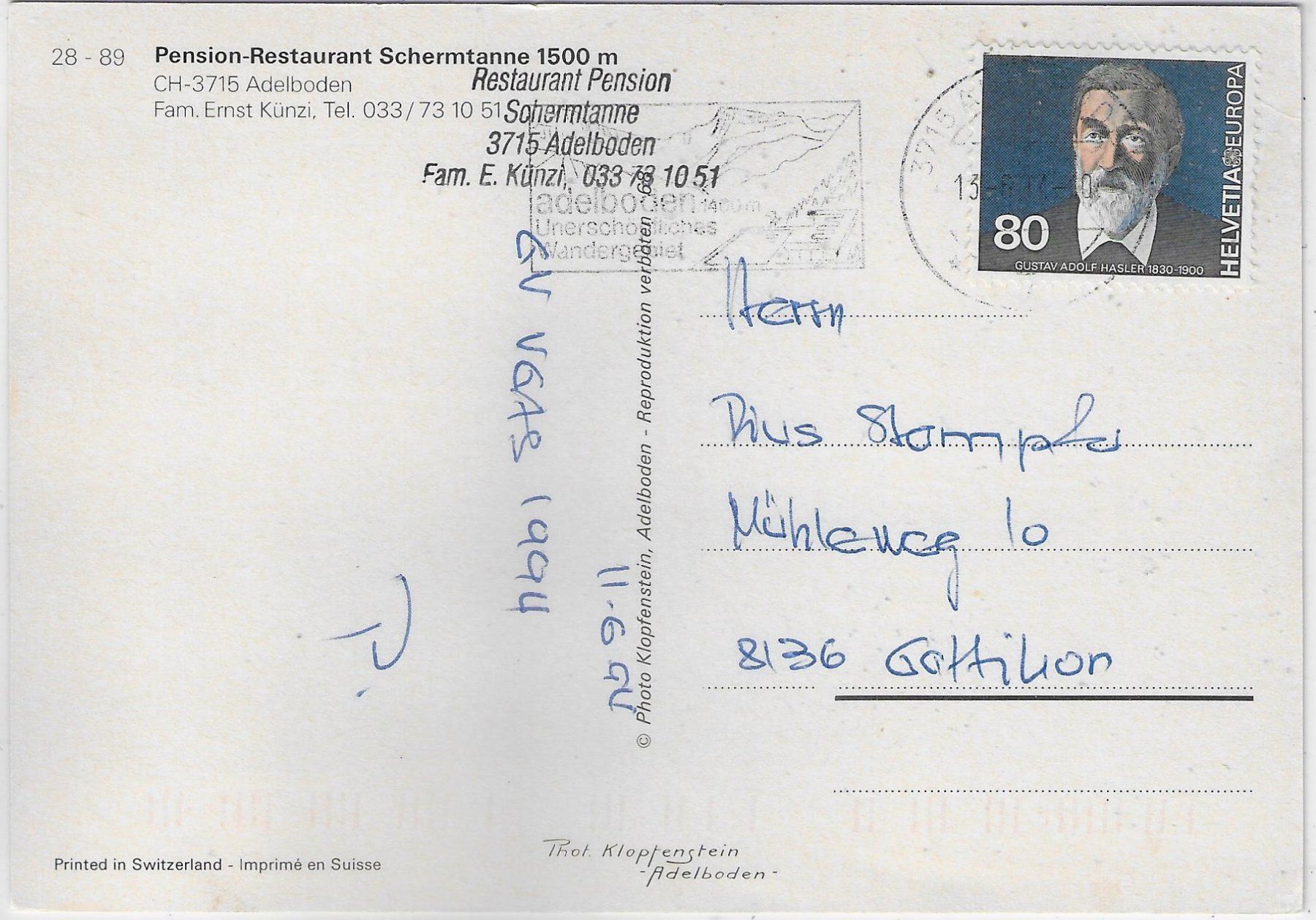 Cartoline postali: Pension-Restaurant Schermtanne - Adelboden – Usato da Ettingen venduto da Kartenplanet 1