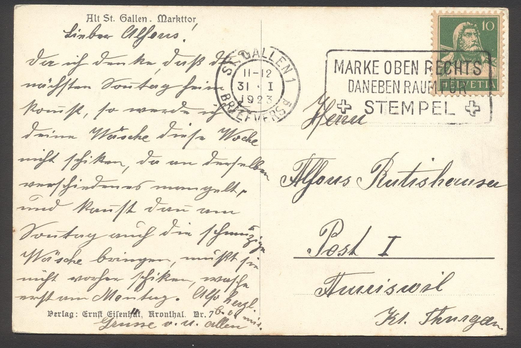 Cartoline postali: PK Alt St. Gallen - Markttor – Usato da Siebnen venduto da Fstaehli 1