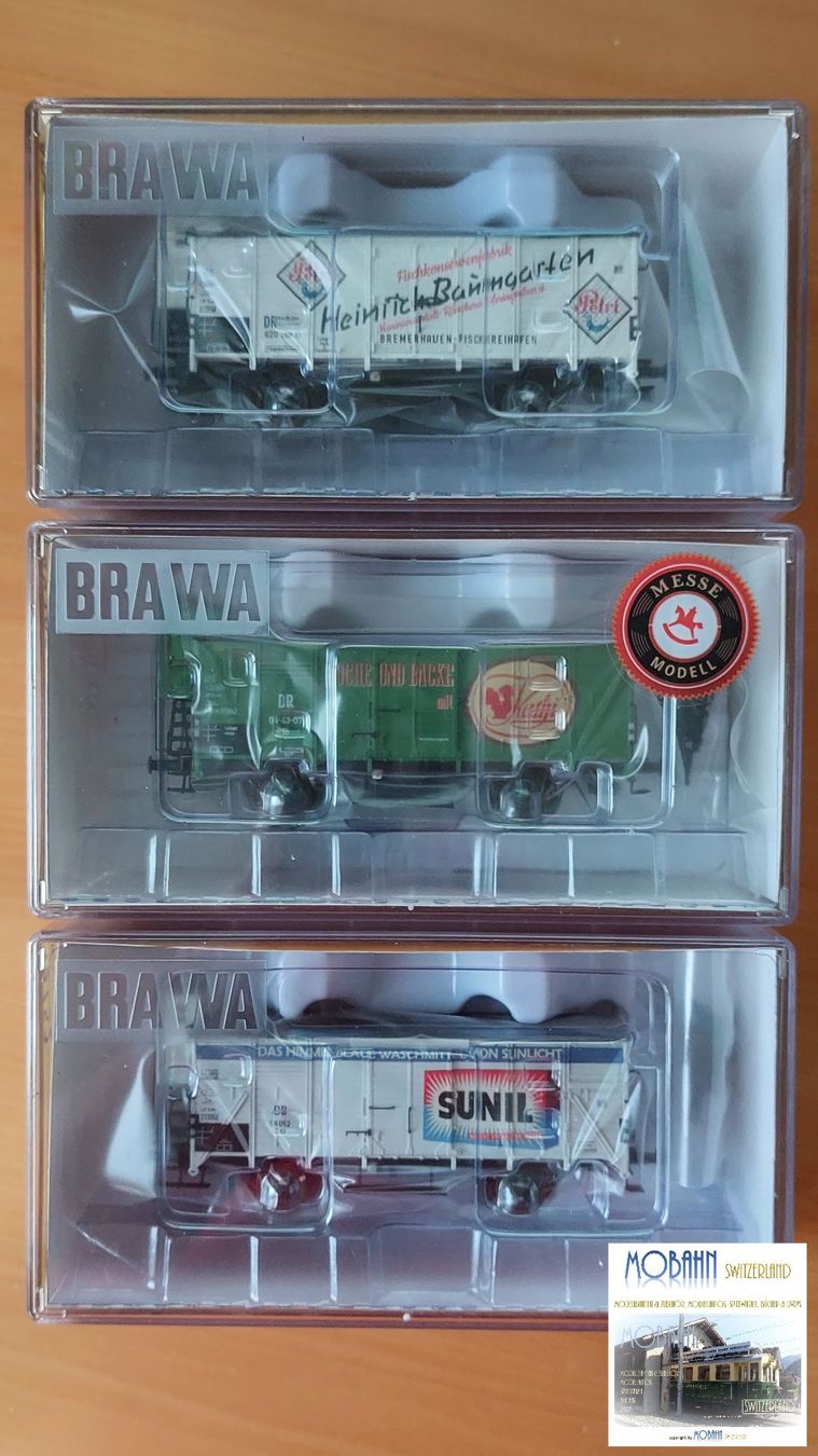 Brawa Modellini di ferrovie: BRAWA Set IV - 3 verschiedene Güterwagen – Nuovo e nell'imballaggio originale da Rotkreuz venduto da MOBAHN-1zu87 1