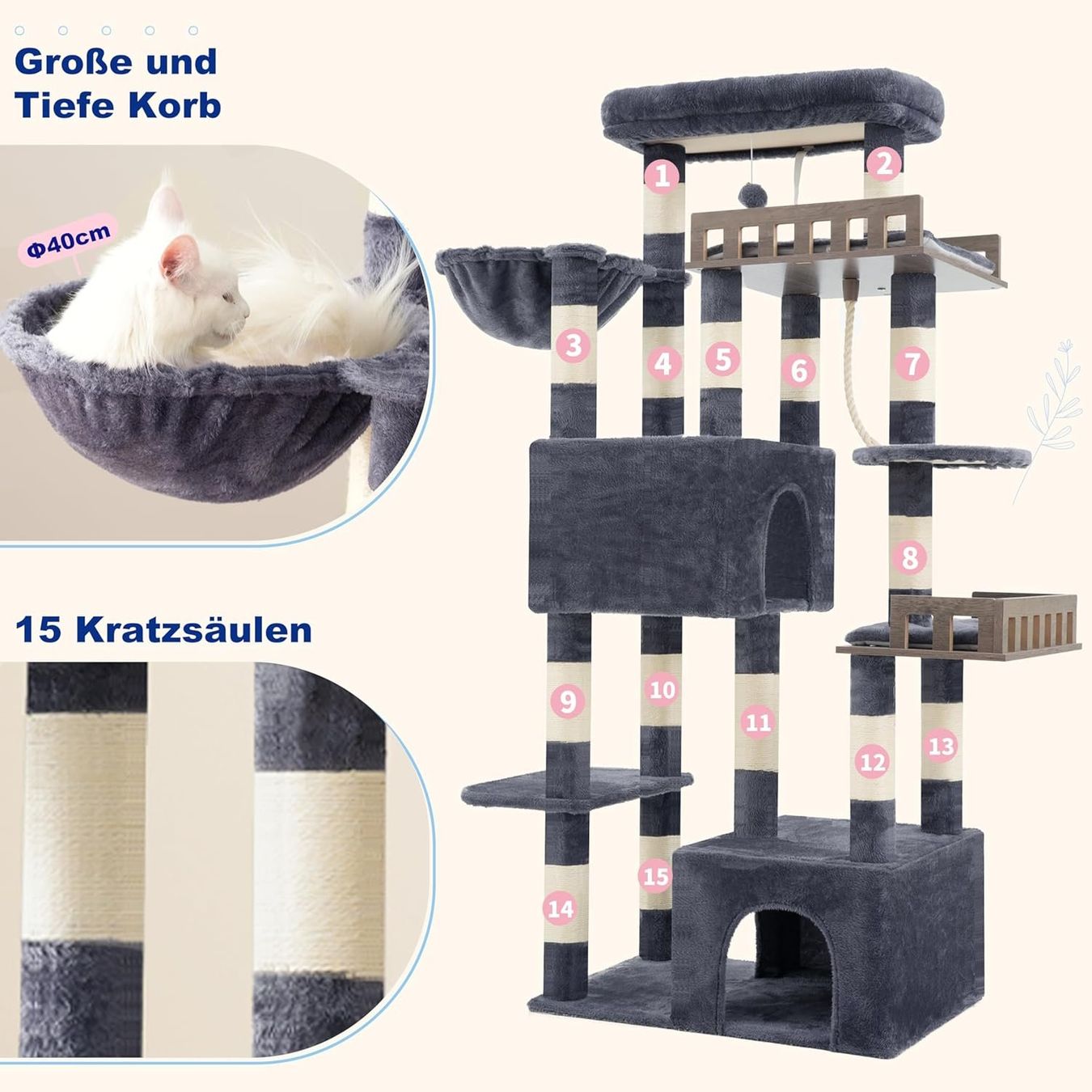 Tiragraffi: Kratzbaum 174cm Große Katzen Hängematte 2 Höhlen – Nuovo e nell'imballaggio originale da Schaffhausen venduto da AllesMussRaus60 5
