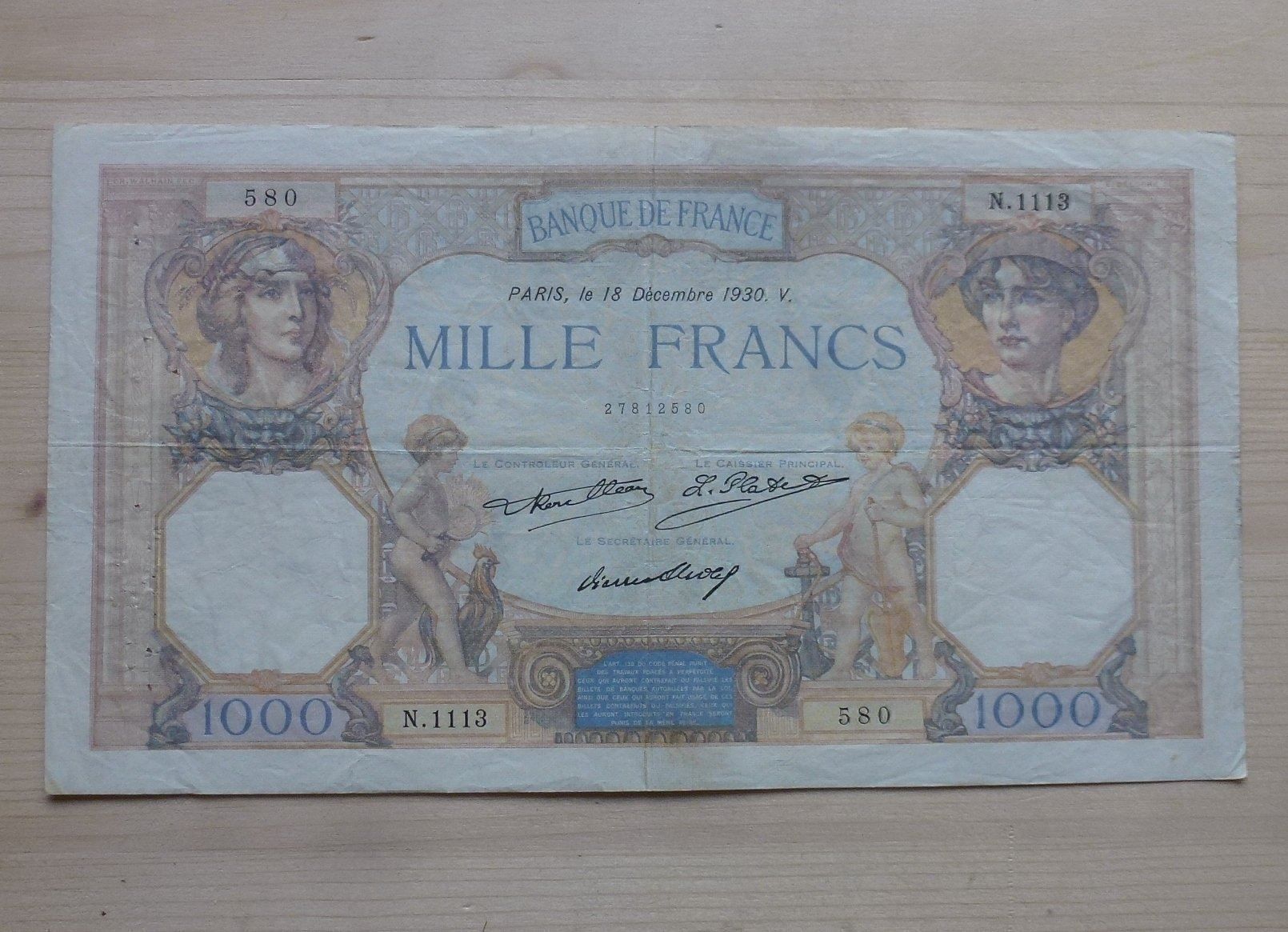 Banknoten: Frankreich ++ 1000 Francs 1930 – Gebraucht aus Walkringen von Casablanca777