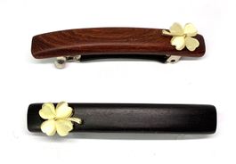 Elegante Holz-Haarspange Schwarz mit goldenem Kleeblatt