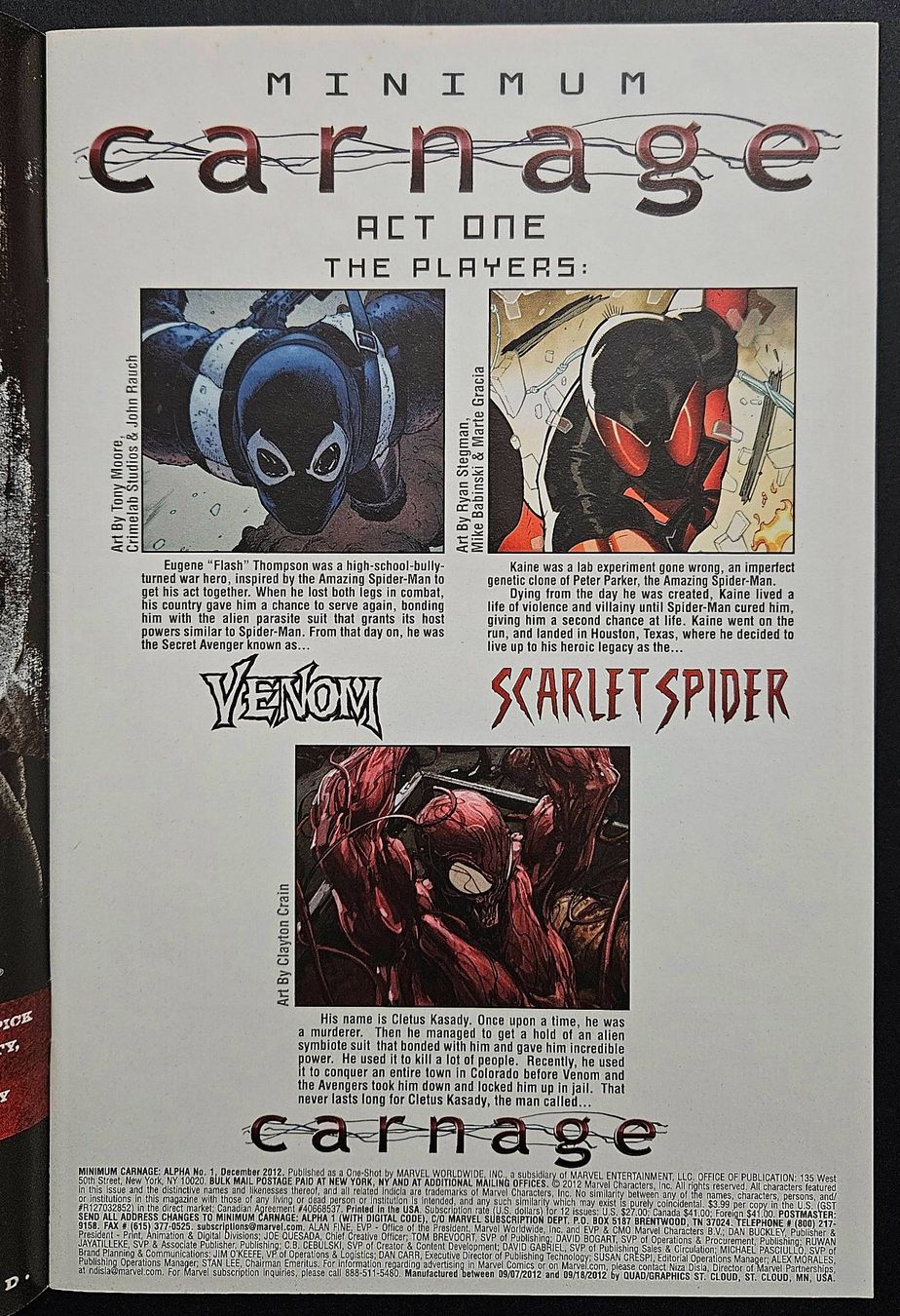 Fumetti: MINIMUM CARNAGE ALPHA #1 ONE-SHOT STORY VENOM MARVEL 2012 – Usato da Lugano venduto da YouWantUS 1