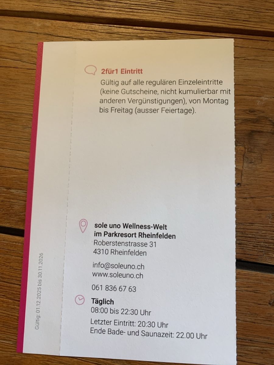 Gutscheine: 2für1 Eintritt Sole uno , Rheinfelden – Neu und originalverpackt aus Attelwil von TaraLee 1