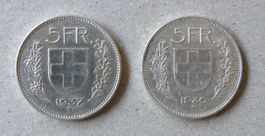 2 x Fr. 5.-  1937 und 1940  Silber