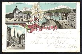 Litho Luzern, Neuer Bahnhof, Hofkirche, 