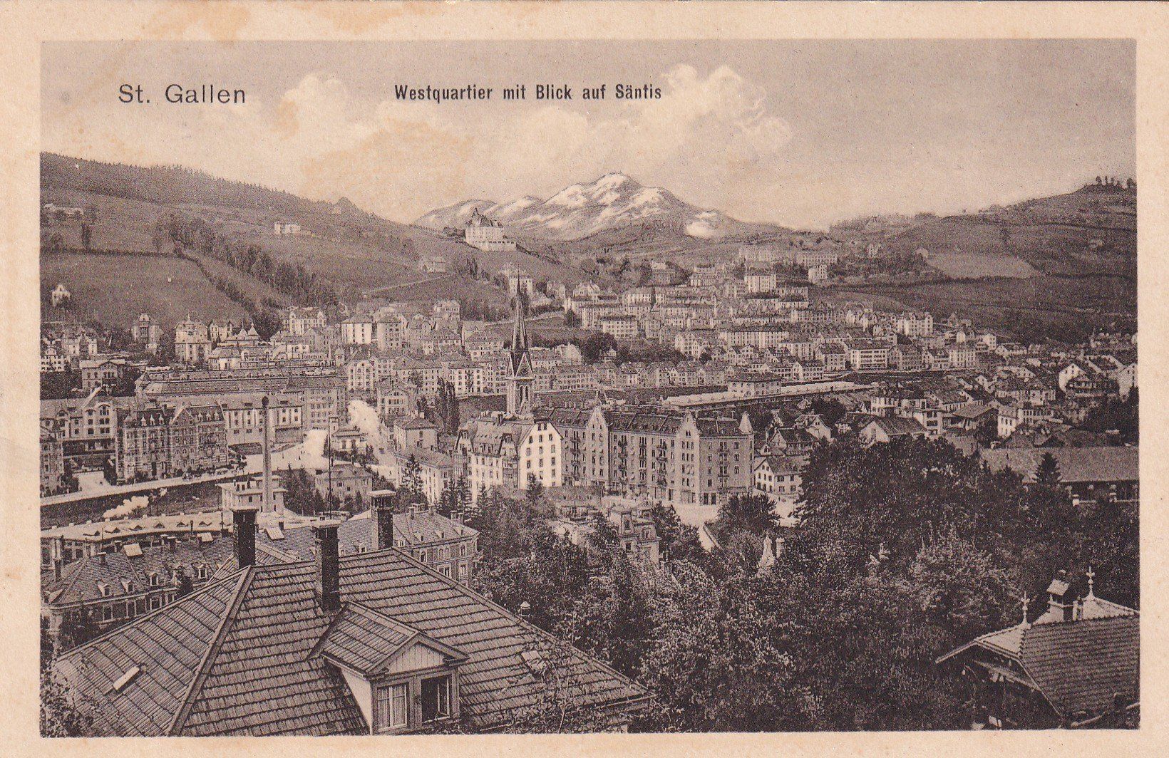 Cartoline postali: St. Gallen Westquartier mit Blick auf Säntis  1915 – Usato da Cormoret venduto da Pascalll2001