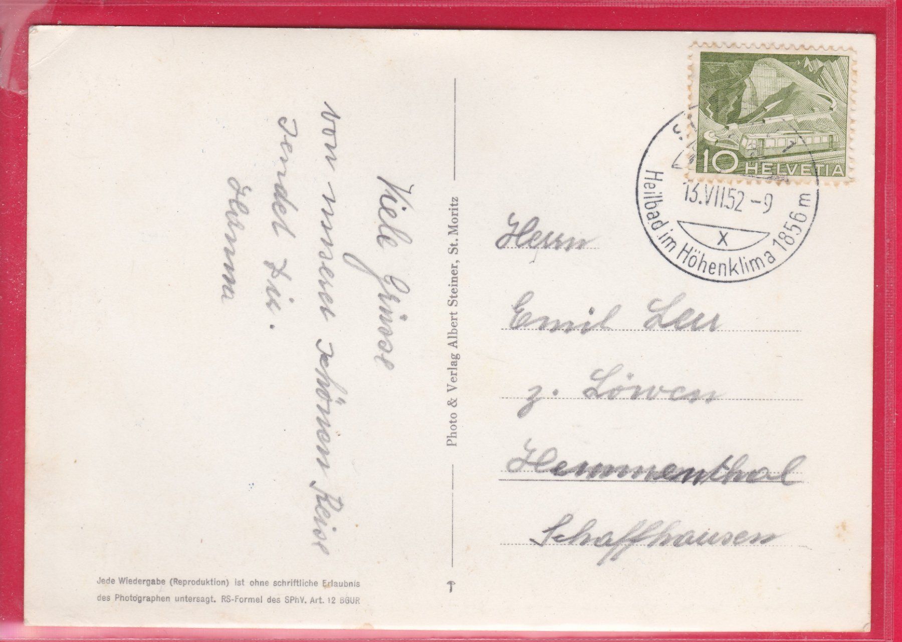 Cartoline postali: ST.MORITZ, 13.7.1952 – Usato da Oberrieden venduto da Gebirgsstelze 1