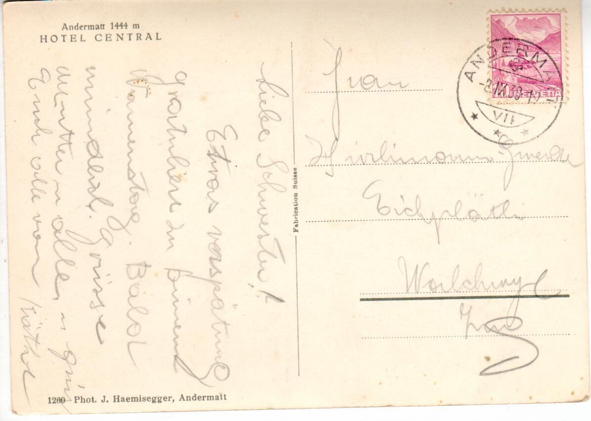 Cartoline postali: Hotel Central Andermatt 1938 – Usato da Wolhusen venduto da Curver9 1