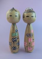 Vintage Japanese Kokeshi Dolls, pair, hand painted, wood