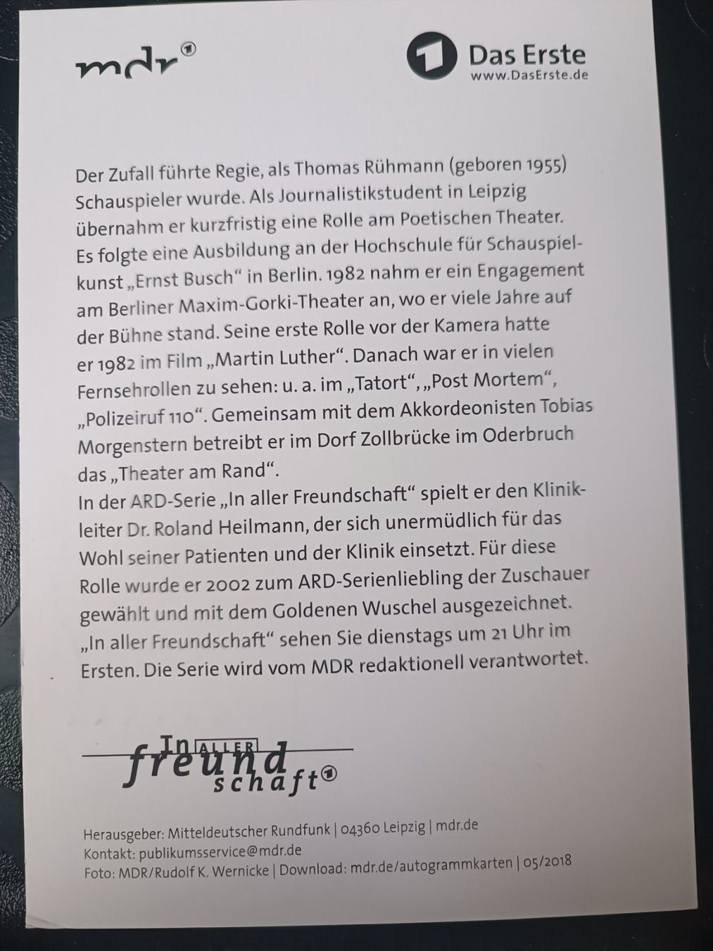 Autogramme: Thomas Rühmann - signierte Autogrammkarte – Gebraucht aus Menziken von Artographs 1