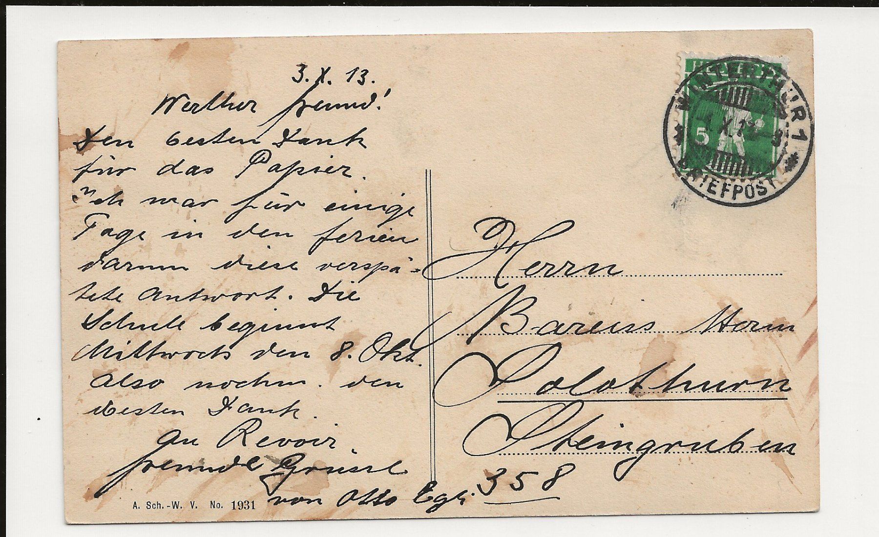 Cartoline postali: AK 1913 Winterthur Stadthaus – Usato da Greifensee venduto da 315WDO 1