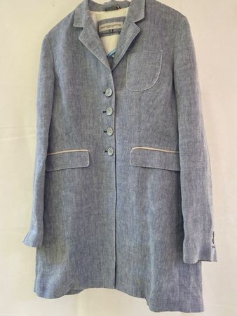Damen-Blazer lang, Gr. 38, Leinen, blau-gemustert, gebraucht