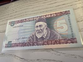 Banknote Litauen 5 Litai 1993 in sehr gutem Zustand