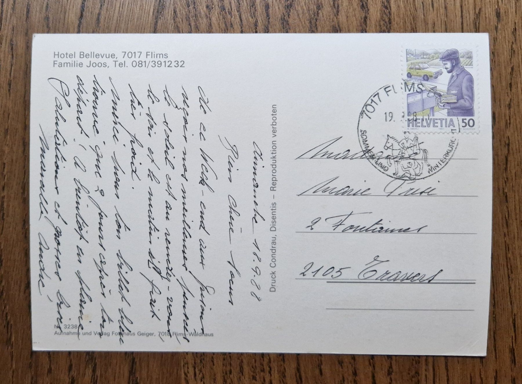 Cartoline postali: Hotel Bellevue, Flims 1988 – Usato da Ebikon venduto da Donar50 1