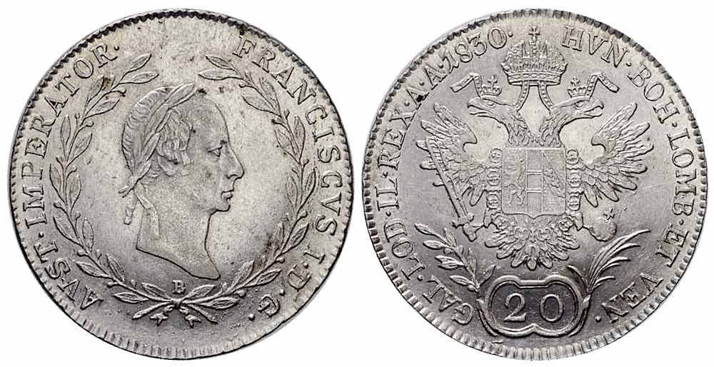 Tutti le monete: 20 Kreuzer 1830 B, Kremnitz – Usato da Chiasso venduto da Novamarketing