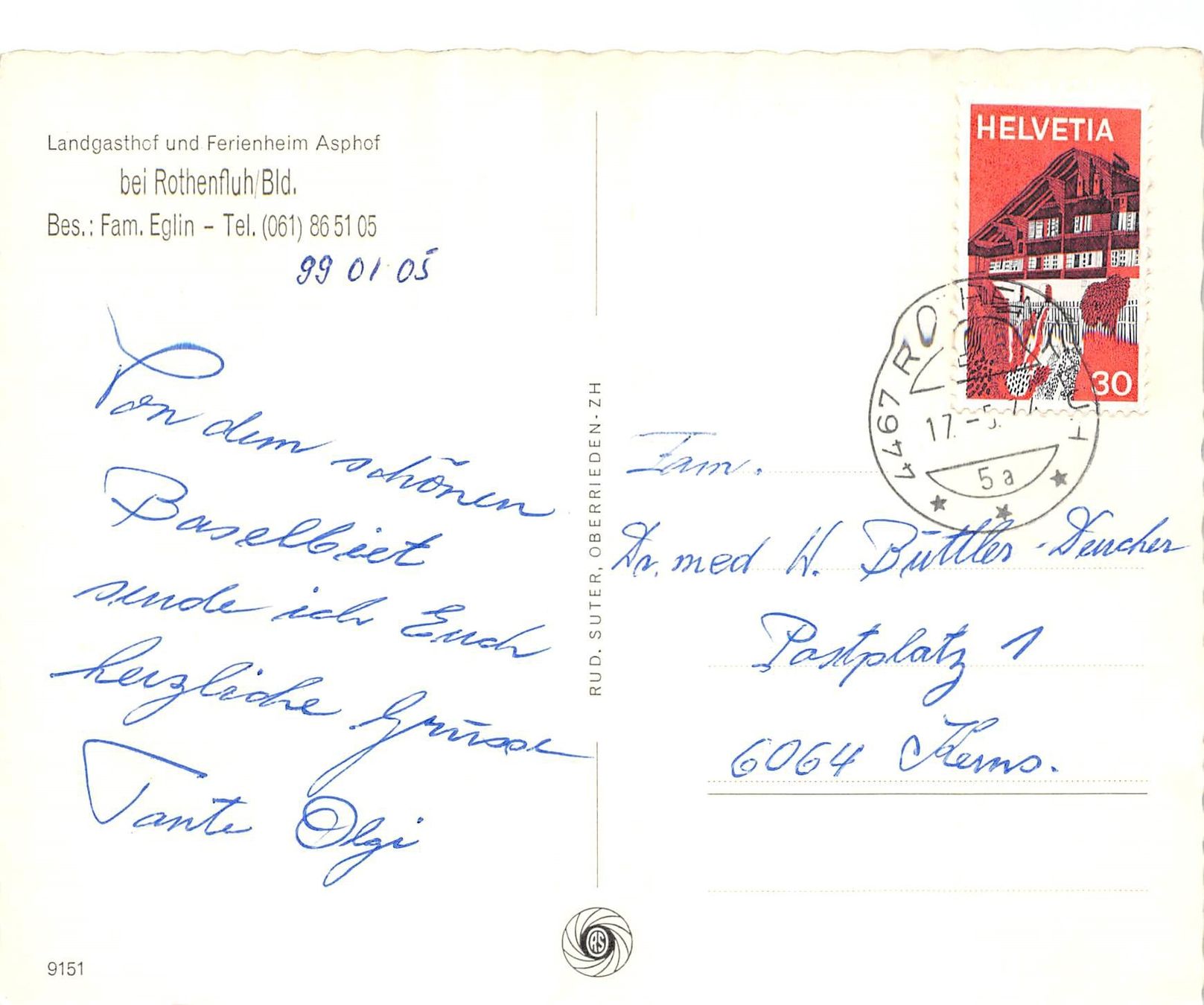 Cartoline postali: Rothenfluh, Ferienheim Asphof – Usato da Ottikon b.Kemptth. venduto da Neptun1974 1