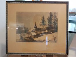 Davos Frauenkirch im Winter - Lithographie von E. Moos