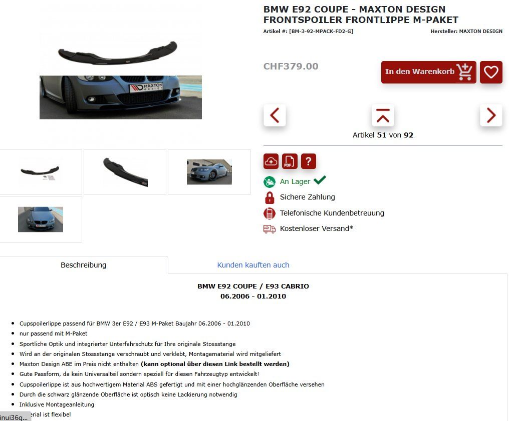 BMW Tutti pezzi di ricambio auto: BMW e93 e92 Maxton Spoiler kit Fronsplitter Seitenschweller – Nuovo (secondo la descrizione) da Liestal venduto da jorge0000 4