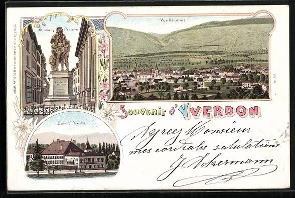 Ansichtskarten: Litho Yverdon, Monument Pestalozzi, Bain – Gebraucht aus Berlin von bartko-reher
