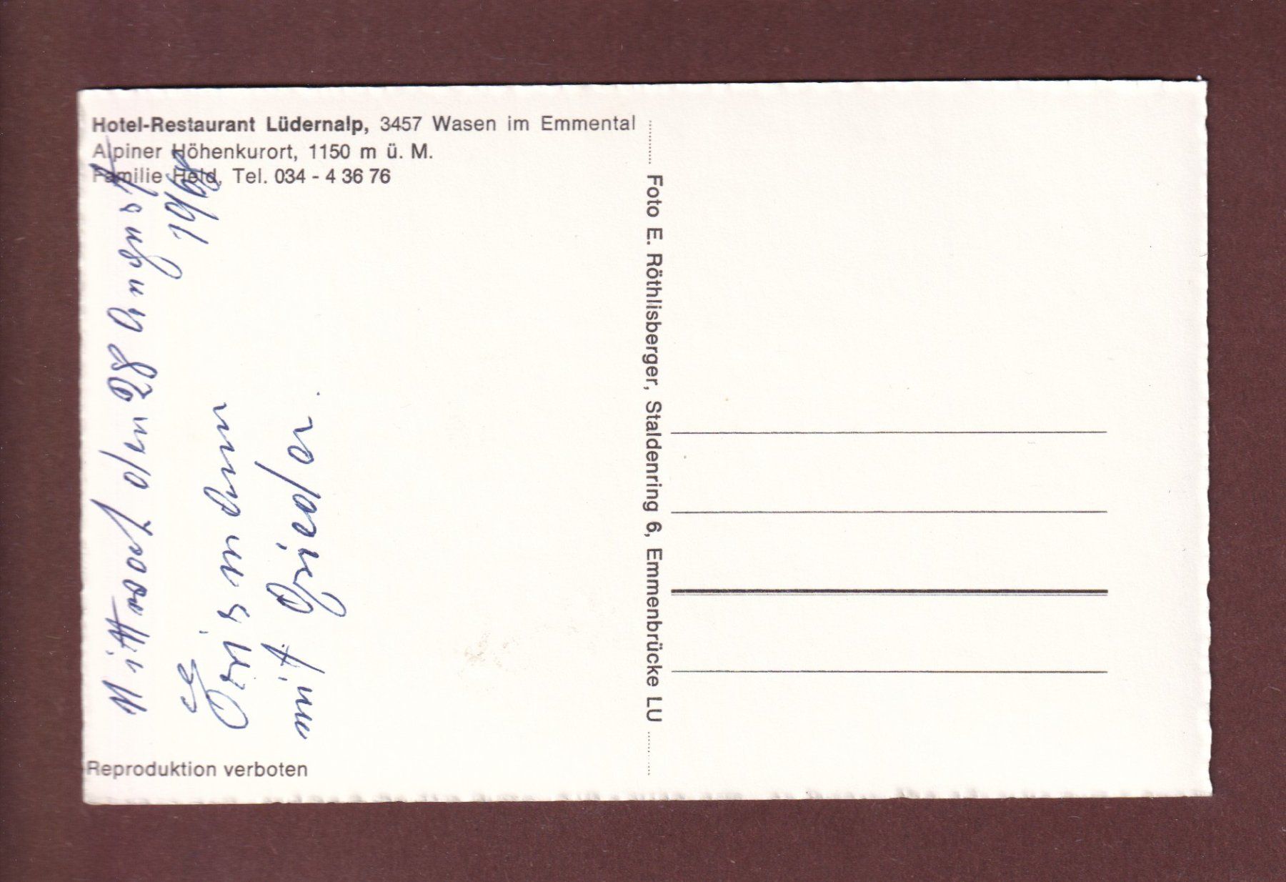 Cartoline postali: Wasen - Restaurant LÜDERNALP – Usato da Pully venduto da nicecards-shop 1
