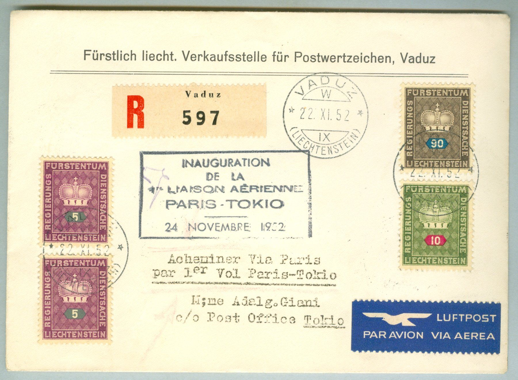Tutti i francobolli: 1952 Liechtenstein Flugpost FF – Usato da Zürich venduto da yago-rot