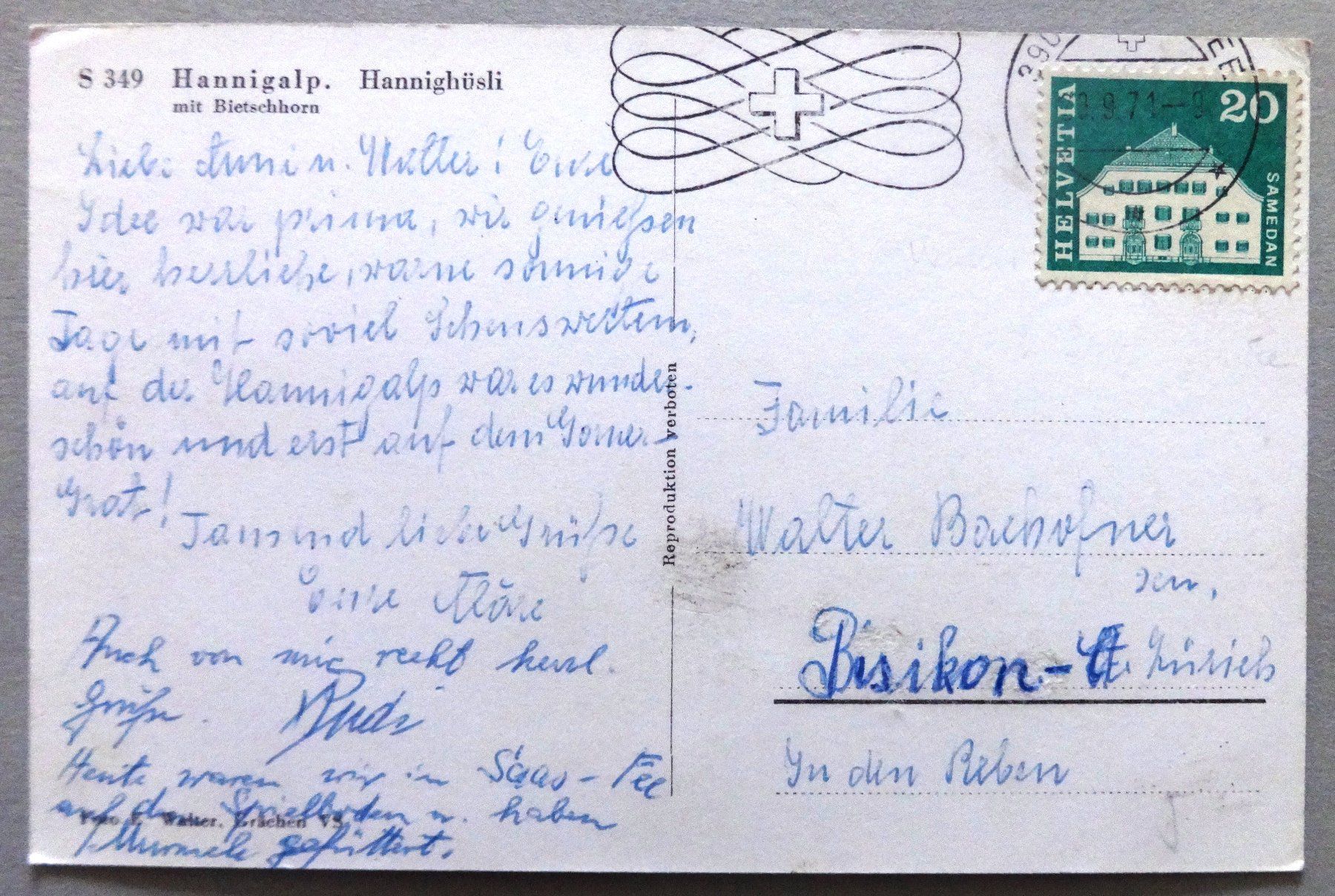 Cartoline postali: Hannigalp, Hannighüsli mit Bieschhorn – Usato da Fétigny venduto da Billy2miny 1