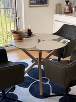 Runder Glas Holztisch 90 x 75 cm mit Holzoptik Metallbeinen