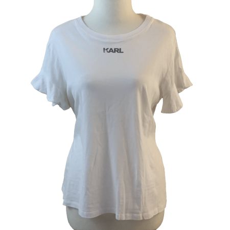 Karl Lagerfeld Weißes T-Shirt mit Rüschenärmeln, Größe M/L