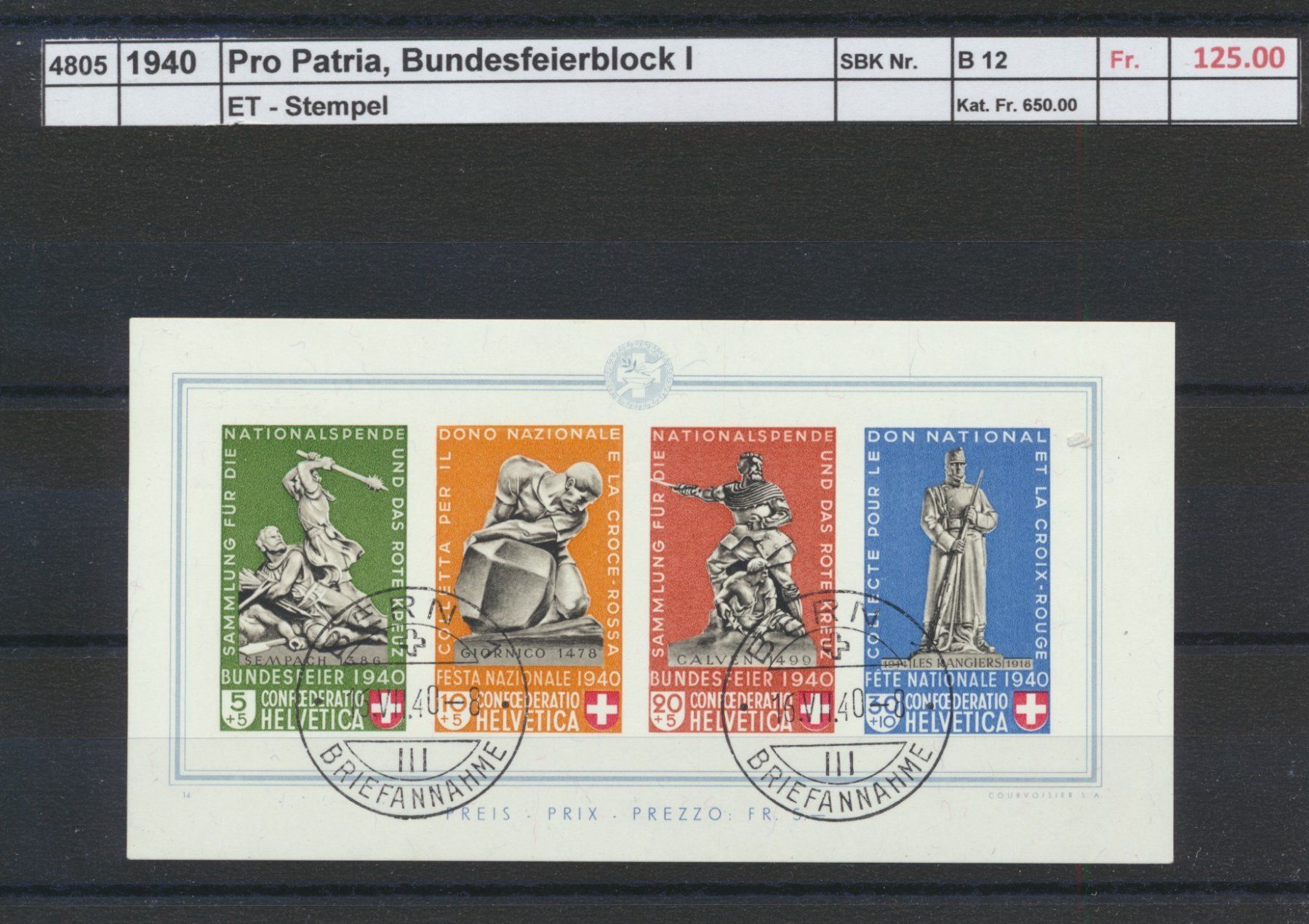 Tutti i francobolli: 1940 Pro Patria, "Bundesfeierblock I", ET - Stempel – Usato da Winterthur venduto da Zupogeru