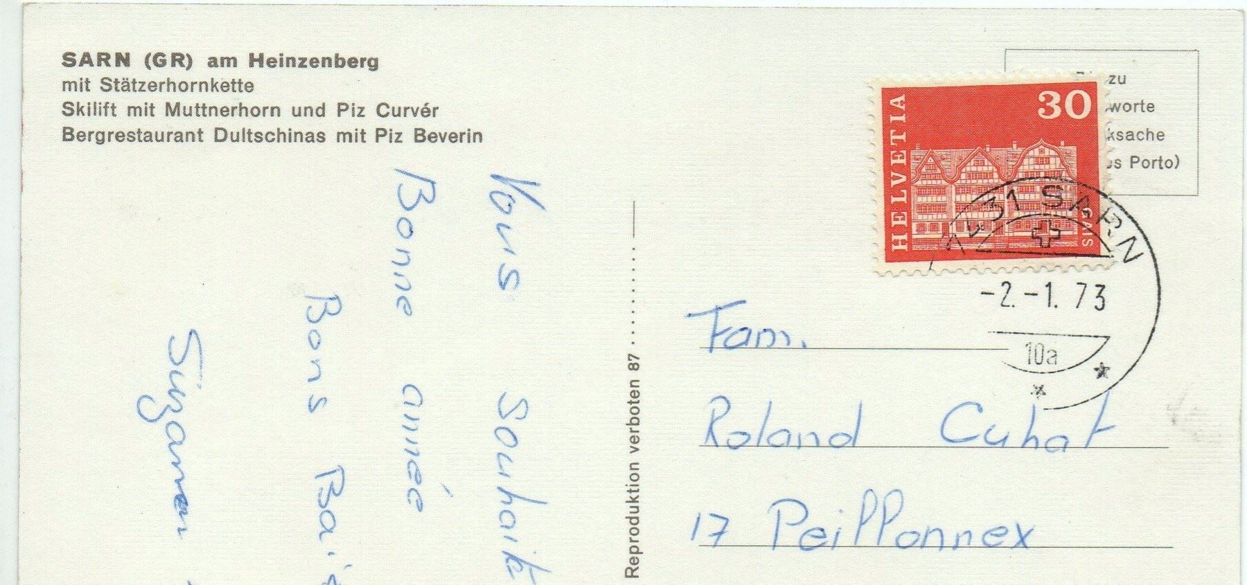 Cartoline postali: SARN am Heinzenberg - Skilift – Usato da Jona venduto da philajona 1