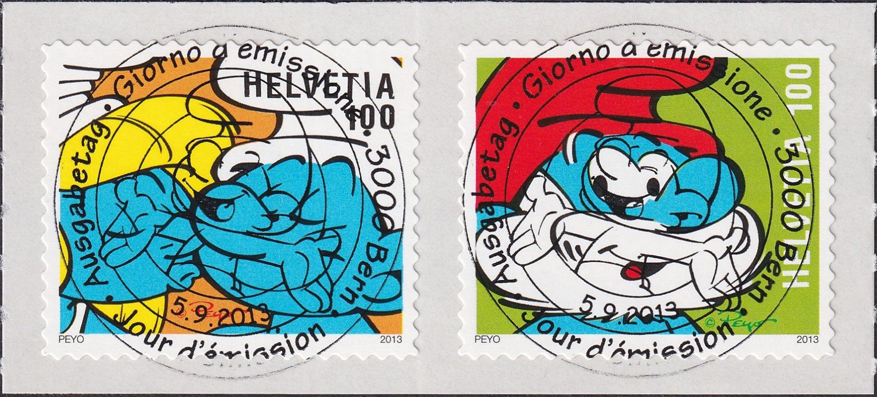 Tutti i francobolli: 2013, Nr.1472+1473 "Schlümpfe" mit Ersttags-Voll-Stempel. – Usato da Sursee venduto da Luzernerraute