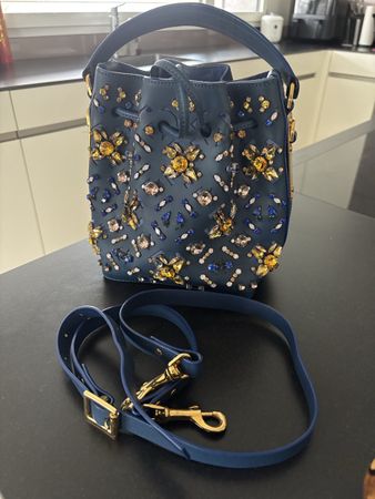 Sophie Hulme Blue Leather Bucket Bag with Crystals