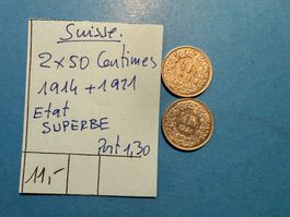 SUISSE : 2 X 50 CENTIMES 1914+1921 ETAT SUPERBE