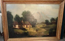 Antikes Ölgemälde – Bauernhof Landschaft, gerahmt