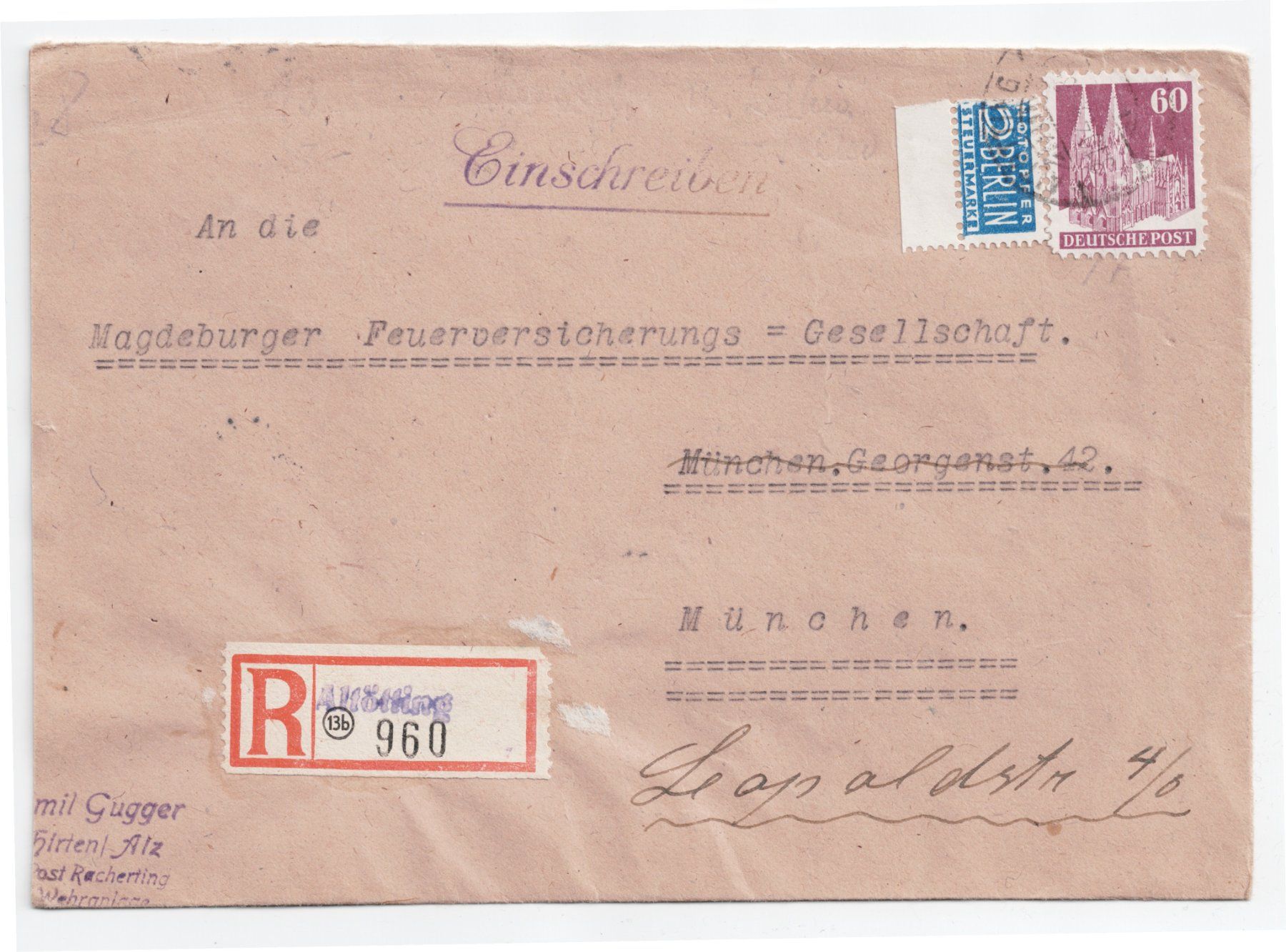 Alle Briefmarken: BRD- Zone Einschreibebrief mit Notopfer Marke Altötting – Gebraucht aus Kriens von goofy46