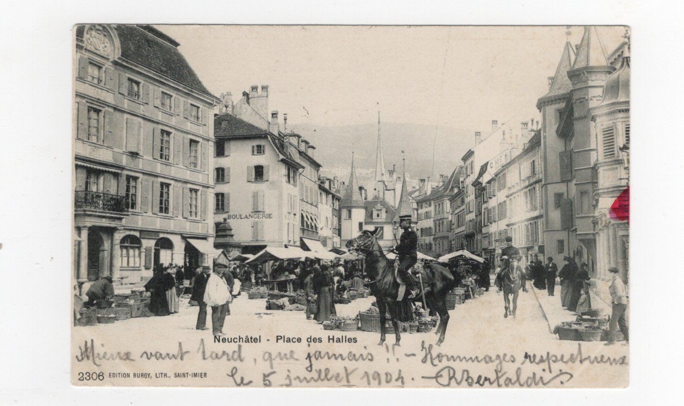 Cartoline postali: Neuchatel Place des Halles Markt Reiter – Usato da Rapperswil SG venduto da INTELVI